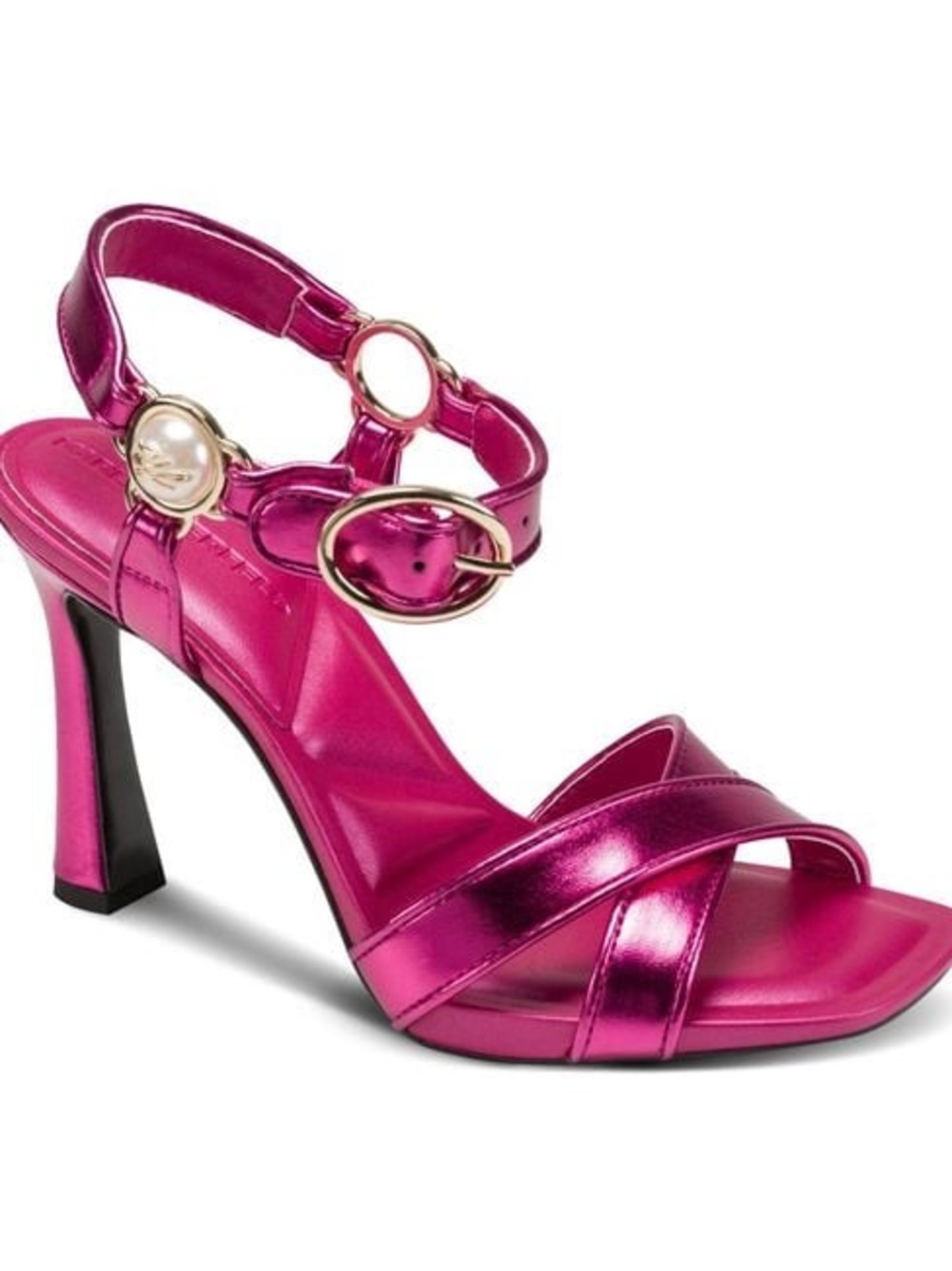 NEW $119 KARL LAGERFELD PARIS Women Daelin Square Toe Sandals Hot Pink Metallic